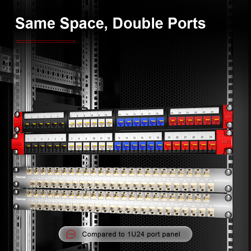 لوحة توصيل AMPCOM، 48 منفذًا، 1RU، CAT6/CAT6a/CAT7 STP، موصل EDF قابل للتركيب على الرف، بدون أدوات