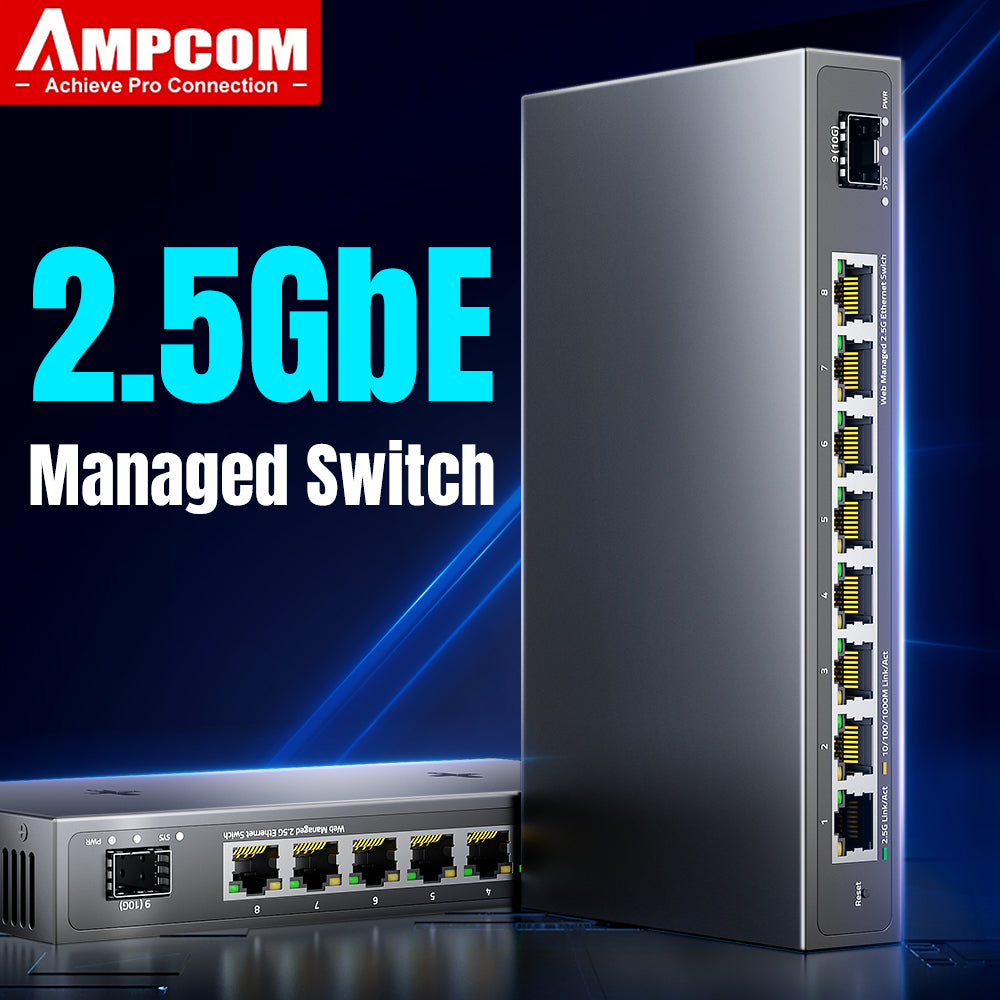 مفتاح AMPCOM المُدار بسرعة 2.5 جيجابت في الثانية، مزود بـ 8 منافذ، ومحول شبكة 2.5 جيجابت في الثانية، وفتحة SFP+ 10 جيجابت، وإدارة الويب، وجودة الخدمة، وVLAN، وLACP، بدون مروحة