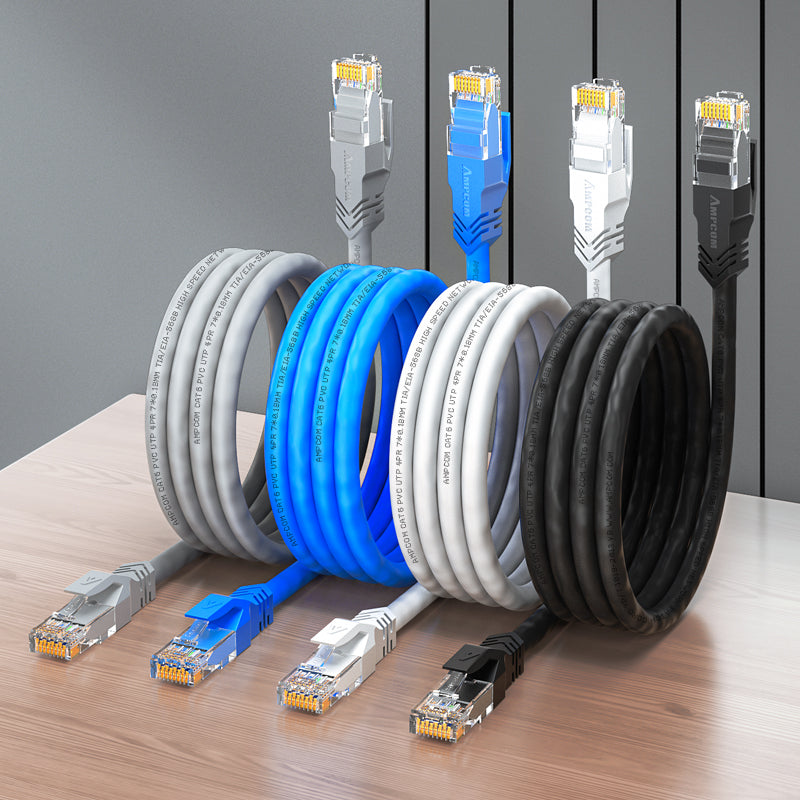 كابل توصيل شبكة AMPCOM CAT5e/CAT6 غير محمي (UTP) PVC لأجهزة الكمبيوتر المكتبية والمودم والموجه