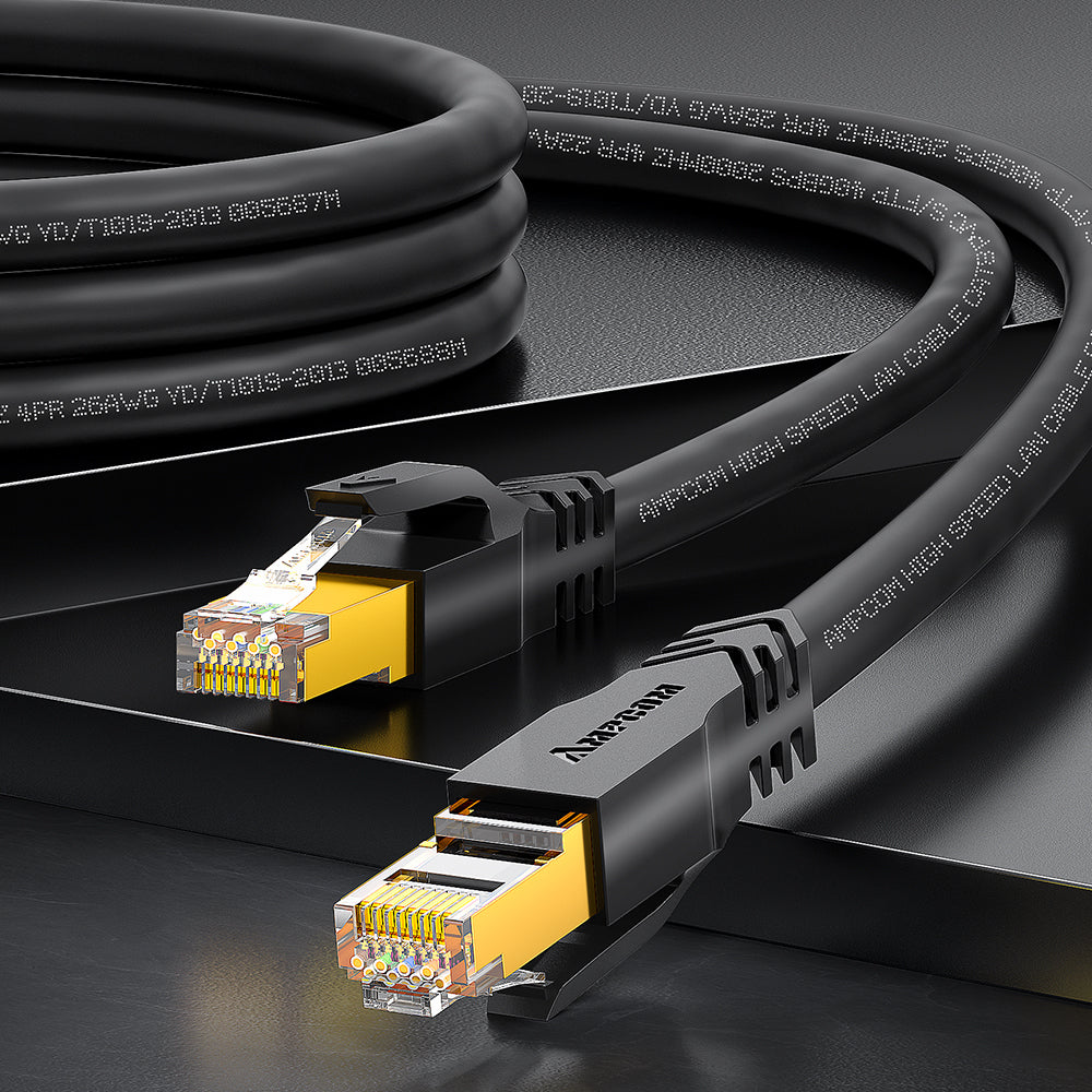 كابل توصيل شبكة AMPCOM Cat8 26AWG محمي بدون تشابك (S/FTP)، غلاف PVC فائق المرونة