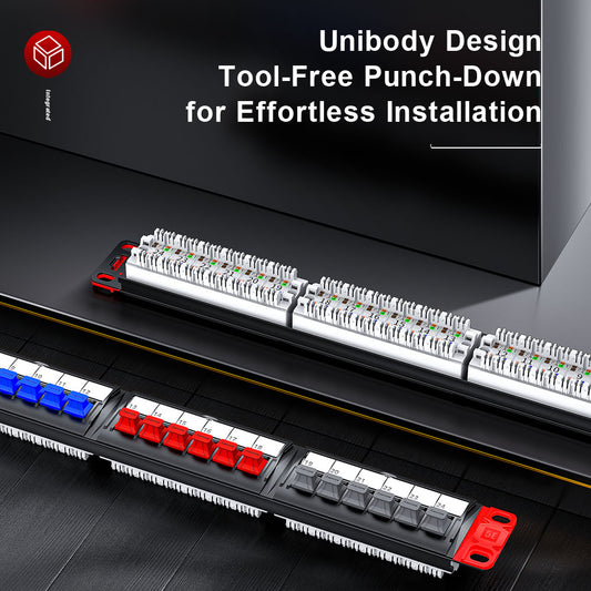 لوحة توصيل AMPCOM Unibody Cat5e/6/6a/7/8 ذات 24 منفذًا، تصميم لوحة تفكيك أمامية، 19 بوصة RJ45 Ethernet 568A 568B، دبابيس مطلية بالذهب، مع قضيب دعم الكابل الخلفي