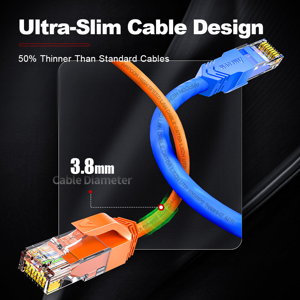 AMPCOM Cat6a 28AWG UTP Patch Cable,  Ultra-Slim, LSZH, for Structured Cabling and Surveillance System Wiring