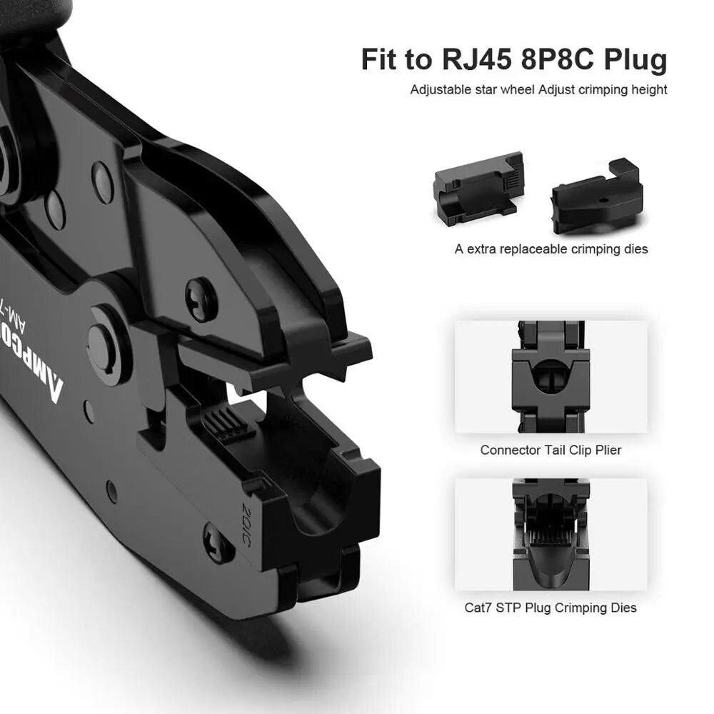 أداة ضغط شبكة RJ45 ذات خطوة واحدة AM-788 لموصل Cat6A وCat7 المحمي مع قطعتين من قوالب الضغط القابلة للاستبدال